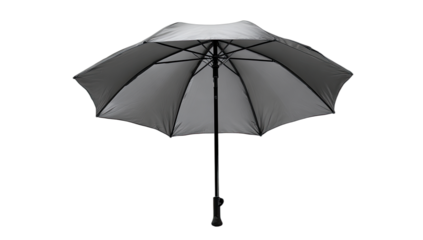 Open dark gray umbrella, metal pole and spokes, black handle, isolated