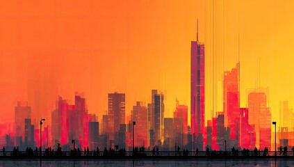 Vibrant city skyline at sunset, silhouettes of people walking