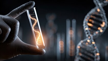 Hand holds test tube with glowing DNA strand, science concept