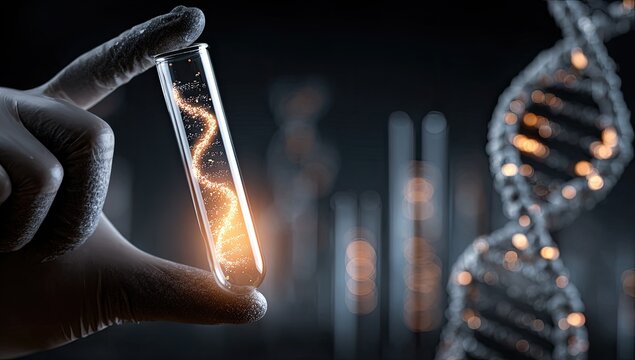 Hand holds test tube with glowing DNA strand, science concept - Powered by Adobe