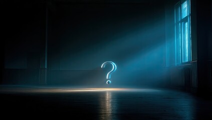 A floating question mark bathed in dramatic light in a dark, empty room