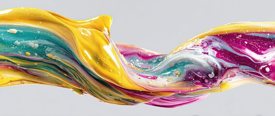 Swirling ribbon of vibrant yellow, pink, turquoise, and white paint