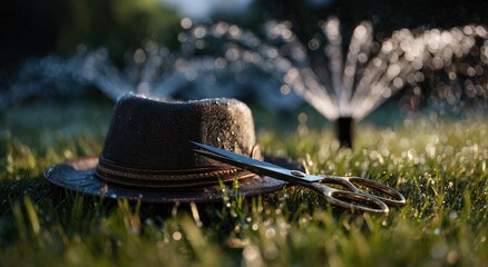 Fedora hat and scissors resting on dew-kissed grass with sprinklers