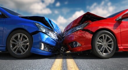 Two cars, one blue and one red, are heavily damaged after a head-on collision