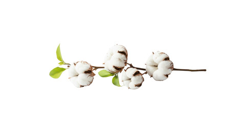 Four fluffy white cotton bolls on a thin brown branch with green leaves plant stem, Isolated On Png Transparent Background