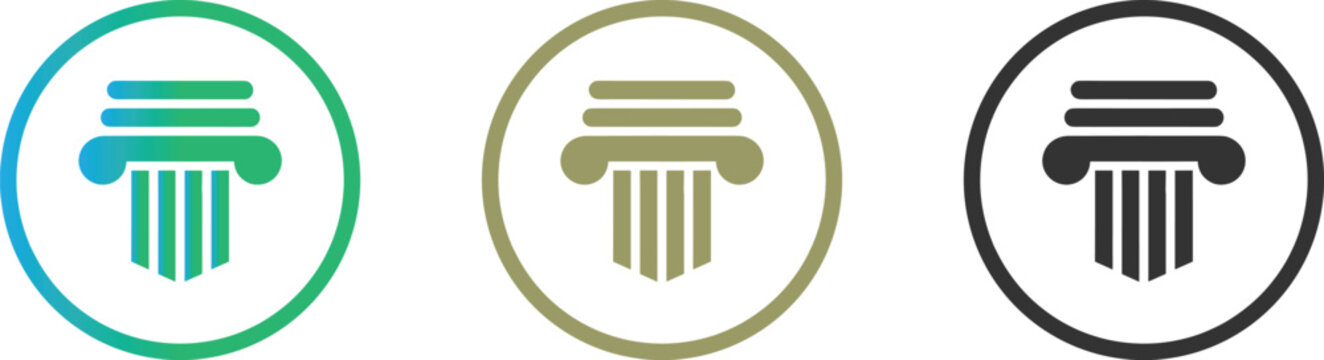Set of three architectural pillar icons in circular frames featuring green gold and black colors for law and history
