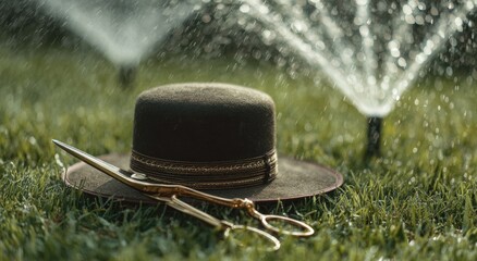 Felt hat and ornate scissors rest on a manicured lawn during a sprinkler shower