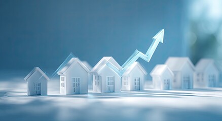 Growth arrow over miniature houses indicates rising real estate market value
