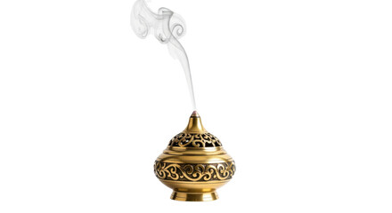 Ornate Golden Incense Burner with Swirling White Smoke on Black image, Isolated On Png Transparent Background