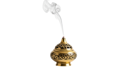 Ornate Golden Incense Burner with Swirling White Smoke on Black image, Isolated On Png Transparent Background