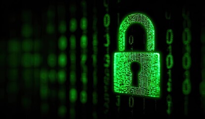 Digital padlock glowing green amidst a dark background of cascading binary code