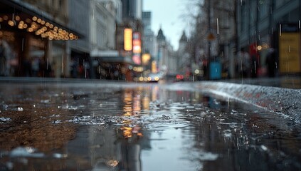 Rainy city street at dusk, reflecting blurred lights and buildings