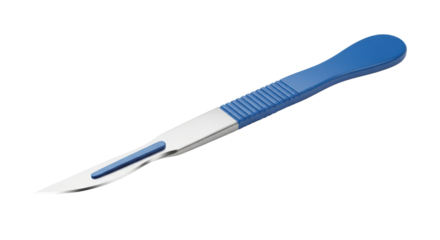 Blue handled scalpel with sharp silver blade on black background surgical instrument, Isolated On Png Transparent Background