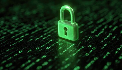 A glowing padlock sits atop a digital stream of green binary code