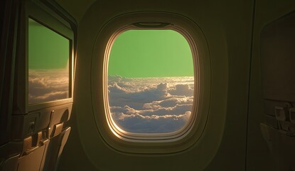 View from an airplane window at sunset, illuminating clouds below