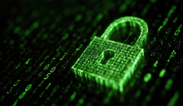 A glowing green digital padlock illuminates a dark background of binary code - Powered by Adobe