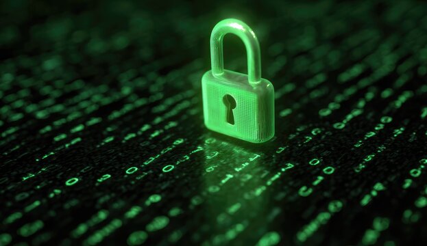 A glowing padlock sits atop a digital stream of green binary code - Powered by Adobe