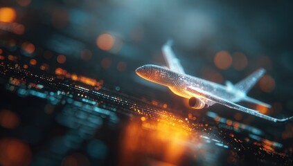 Futuristic digital airplane model navigates glowing data streams, abstract background