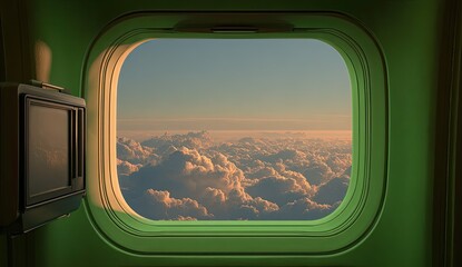 Looking out an aircraft window at a vast expanse of sunlit clouds during sunset