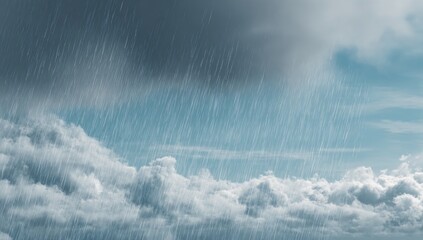 Dark storm clouds gather, releasing heavy rain over fluffy white cumulus formations