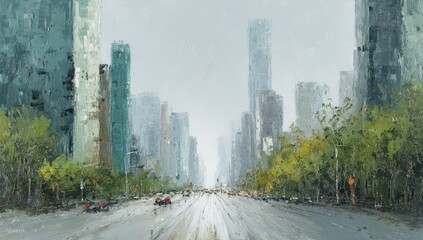 Impressionistic cityscape with wet street, traffic, and foliage