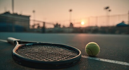 Tennis racket and ball on court at sunset, soft golden light