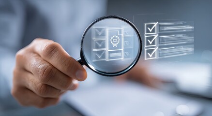 Close-up of a hand holding a magnifying glass over a document with checkmarks