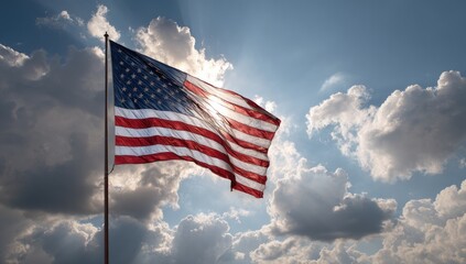 American flag waves majestically on a pole against a bright, cloudy sky