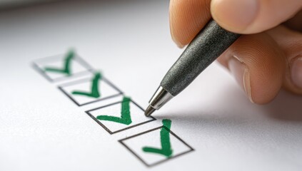 Close-up of a hand marking green checkmarks on a checklist with a pen