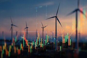 Wind turbines blend with a stock market graph at sunset, symbolizing renewable energy investment