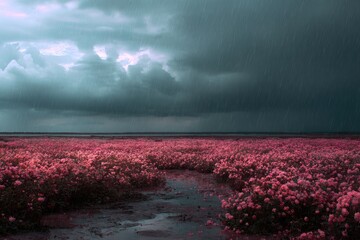 Moody pink flower field under a dramatic stormy sky with rain