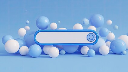 Clean digital search bar amidst a cluster of blue and white spheres