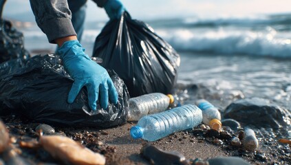 Person in gloves collects plastic waste from a beach, filling black bags
