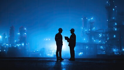 Two silhouettes in hard hats confer at an illuminated industrial complex at night