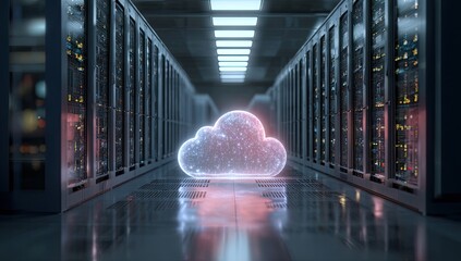 Futuristic glowing cloud symbol floating in a dimly lit server room aisle