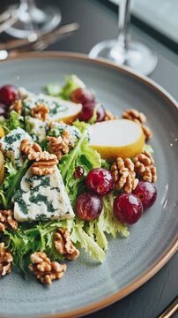 Gesunder Birnen-Blauschimmelk&auml;se-Salat mit Waln&uuml;ssen und roten Trauben