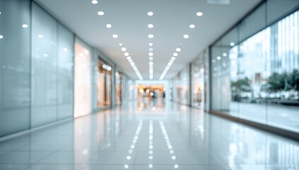 Blurred view down a brightly lit, modern indoor corridor with reflective floors and storefronts
