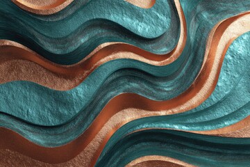 Textured, undulating waves of teal and copper create a luxurious, modern abstract