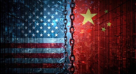 Two nations' flags torn apart by a broken chain, symbolizing conflict