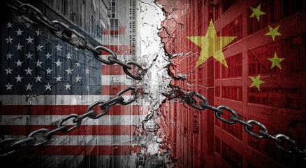 Cracked buildings merge flags of two nations, bound by chains