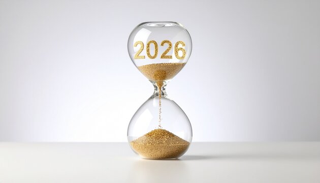 A bright, anticipatory studio shot of an hourglass counting down to the golden year 2026 on a clean white background.