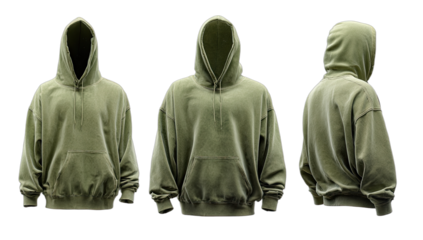 Three views of a plush olive green hooded sweatshirt with a front pocket