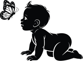 Cute baby crawling with butterfly silhouette vector illustration, adorable infant design, newborn child curiosity artwork, black outline baby and butterfly interaction art