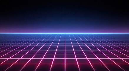 Futuristic neon grid receding into a starry dark sky with glowing horizon