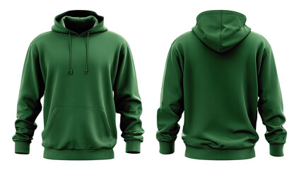 Two views of a plain, solid dark green hooded sweatshirt, front and back