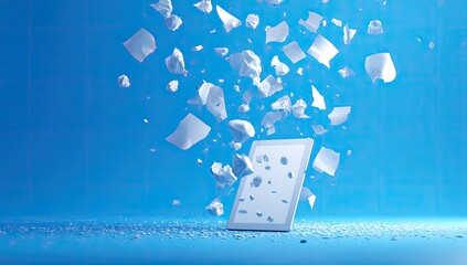 Device shattering into abstract fragments, scattering white pieces in blue void