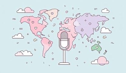 Stylized world map with pastel continents, clouds, and microphone