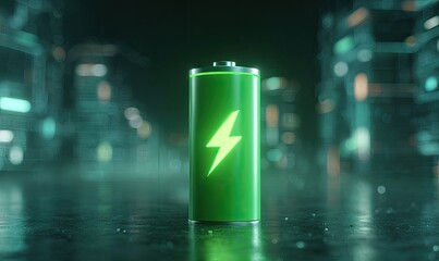 Glowing green battery with lightning symbol, urban lights in background