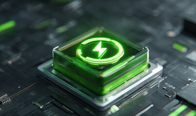 Glowing green energy symbol on a futuristic circuit board