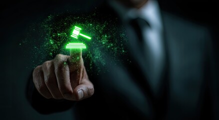 Digital glowing gavel icon activated by a fingertip on a dark background